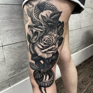 snake rose leg thigh tattoo