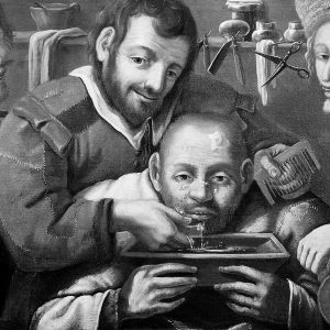 barber surgeons operating on a boil on a man's forehead. oil wellcome m0007656