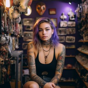 a girl with piercings sitting in a tattoo studio